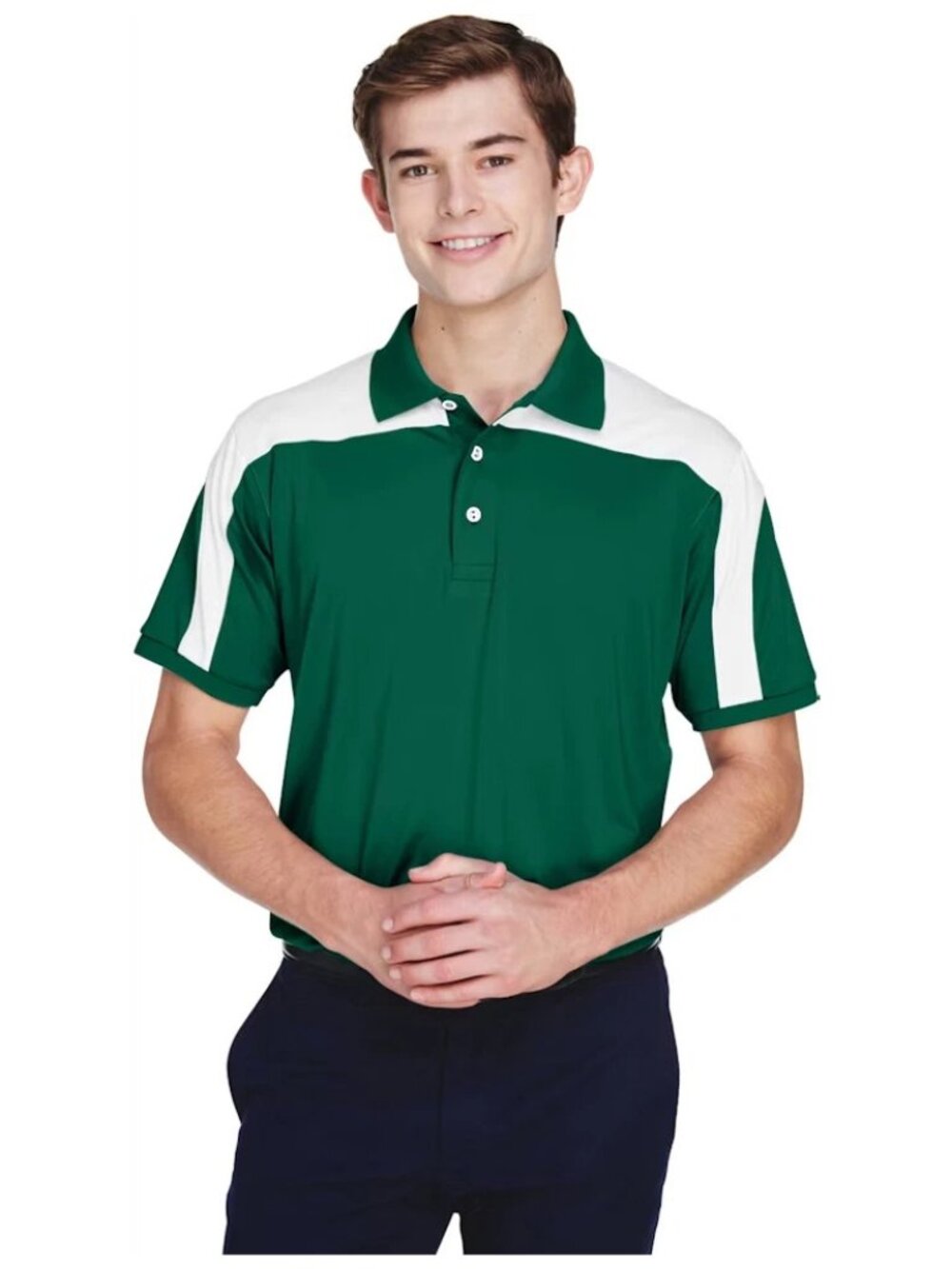 Team 365 Men’s Victor Performance Golf Polo Forest Green White Colorblock